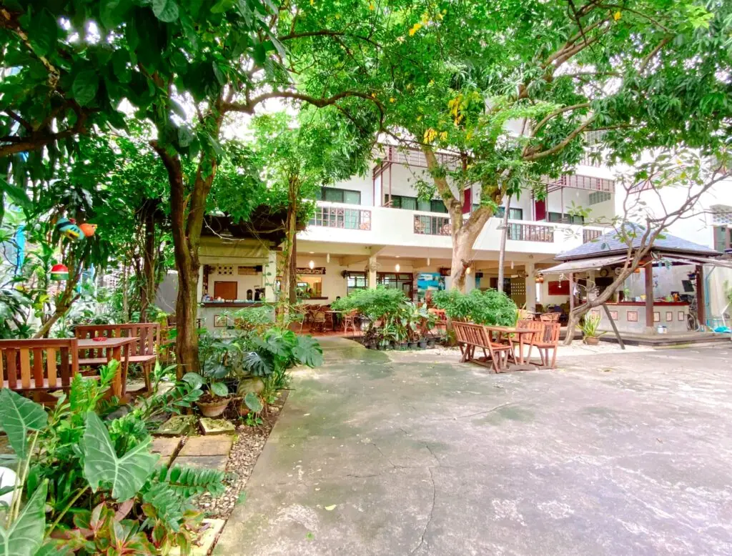 Green garden courtyard and outdoor seating